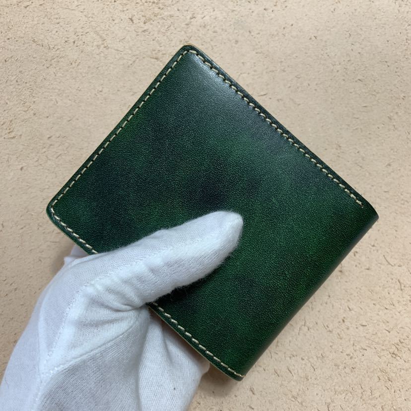 「匠」ビジネスシーン【ヴィンテージグリーン】レザー 二つ折り財布 小銭入れあり ヌメ革 手縫い 手染め メンズ財布 栃木レザー 革財布