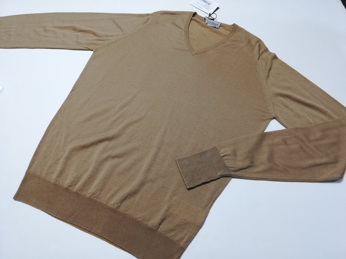 メンズ S 新品 ジョンスメドレー 最高級メリノウール 定番Vネックセーター BOBBY LIGHT CAMEL JOHN SMEDLEY イギリス製★