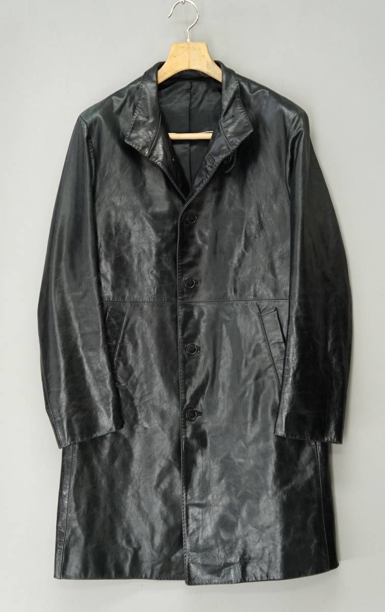 f8281*テットオム/TETE HOMME*牛革/タブ付き/2way/レザーコート/スタンドカラーコート/ブラック/黒