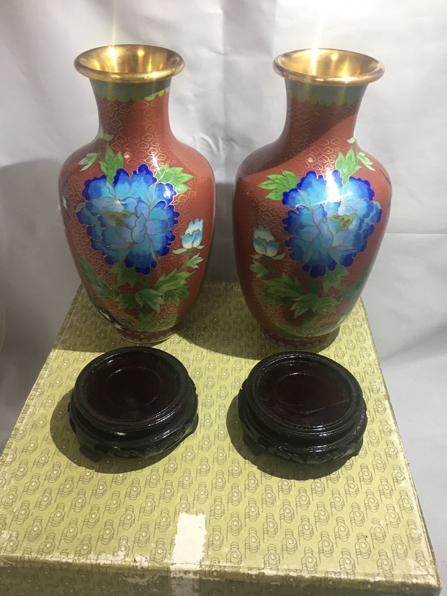 ☆中国美術 唐物 銅製 七宝花鳥図花瓶 一対 古美術品 保管品☆0205H-A