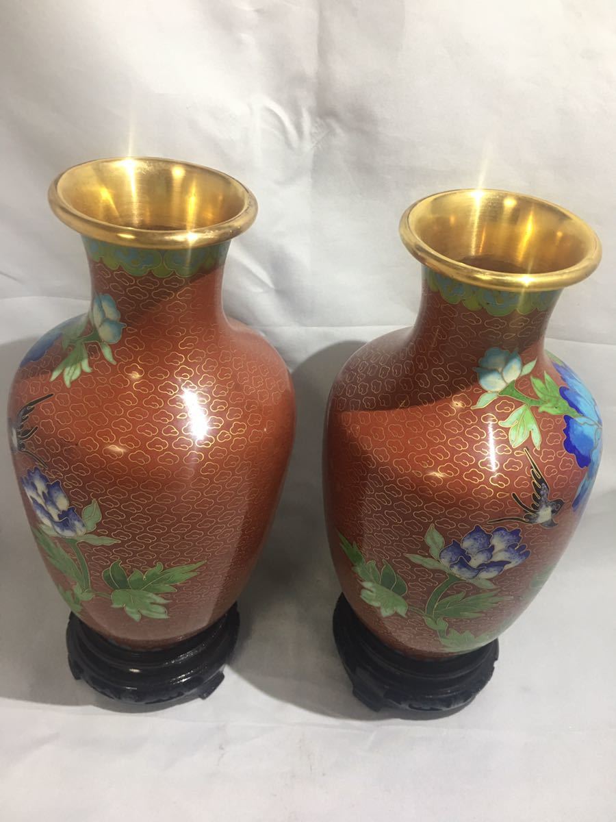 ☆中国美術 唐物 銅製 七宝花鳥図花瓶 一対 古美術品 保管品☆0205H-A