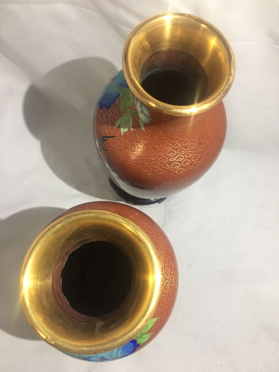 ☆中国美術 唐物 銅製 七宝花鳥図花瓶 一対 古美術品 保管品☆0205H-A