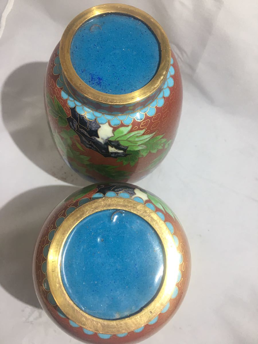 ☆中国美術 唐物 銅製 七宝花鳥図花瓶 一対 古美術品 保管品☆0205H-A