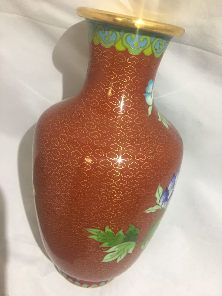 ☆中国美術 唐物 銅製 七宝花鳥図花瓶 一対 古美術品 保管品☆0205H-A