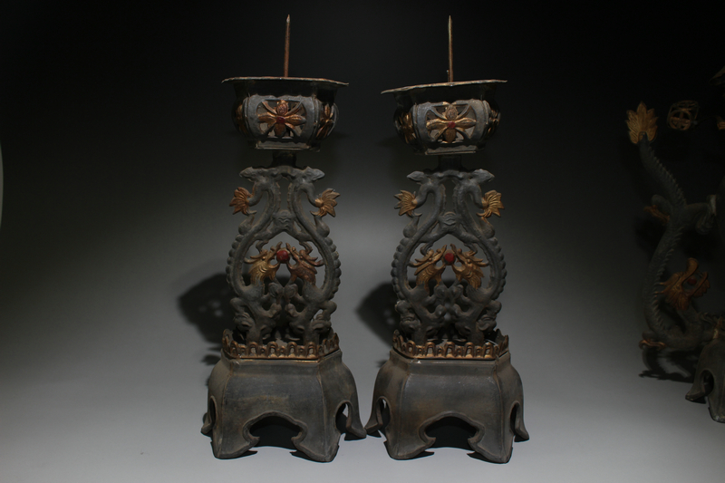 【雅藏】真作 骨董品 清時代・古錫塗金彫・龍耳獅頂紋仏前供養・福祥錫鋪銘★極細工 置物 擺件 古賞物 　中国古美術