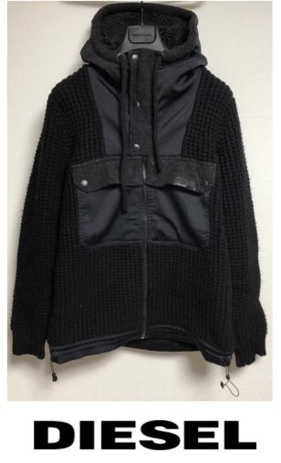 定価51，840円DIESELディーゼル/ローゲージニットナイロン+ボア切り替えフーデットマウンテンパーカーBLACKjoggKROOLEYTHOMMER