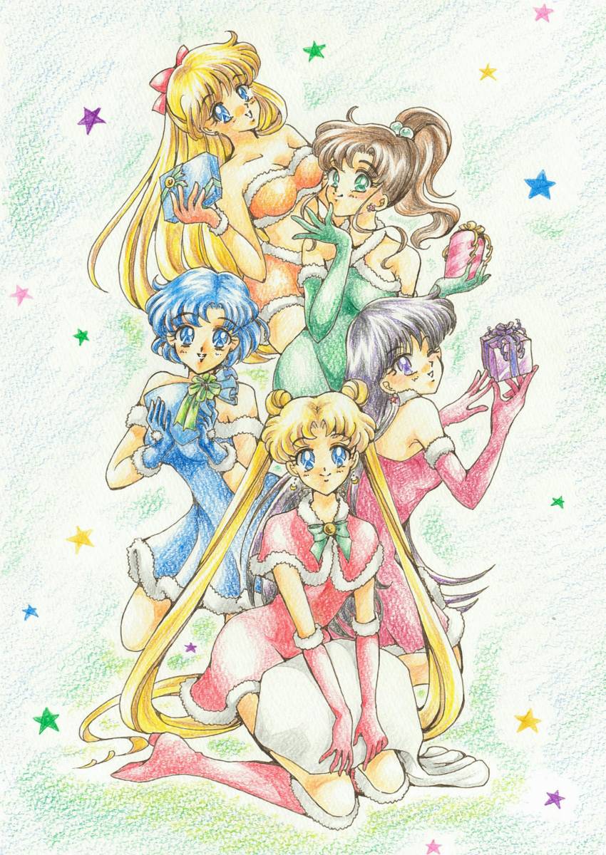 同人手描きイラスト 美少女戦士セーラームーン 5人集合 クリスマス A4