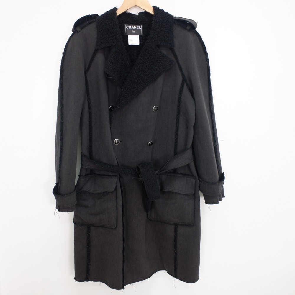 即決◇CHANEL シャネル 06A P29495V19654 裏ボア カシミヤ混 カットオフ トレンチコート48 ブラック メンズ