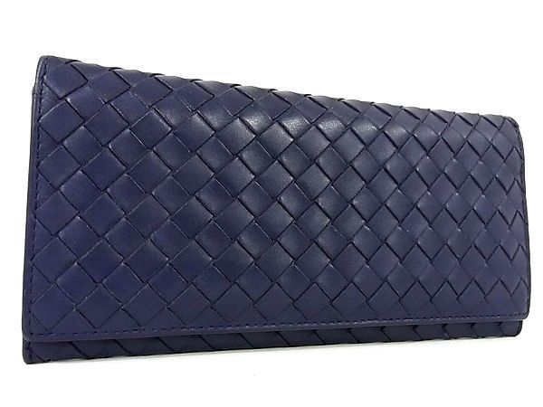 ボッテガ　ダークブルー レザー 長財布 1円 □極美品□ BOTTEGA VENETA ボッテガヴィネタ イントレチャート