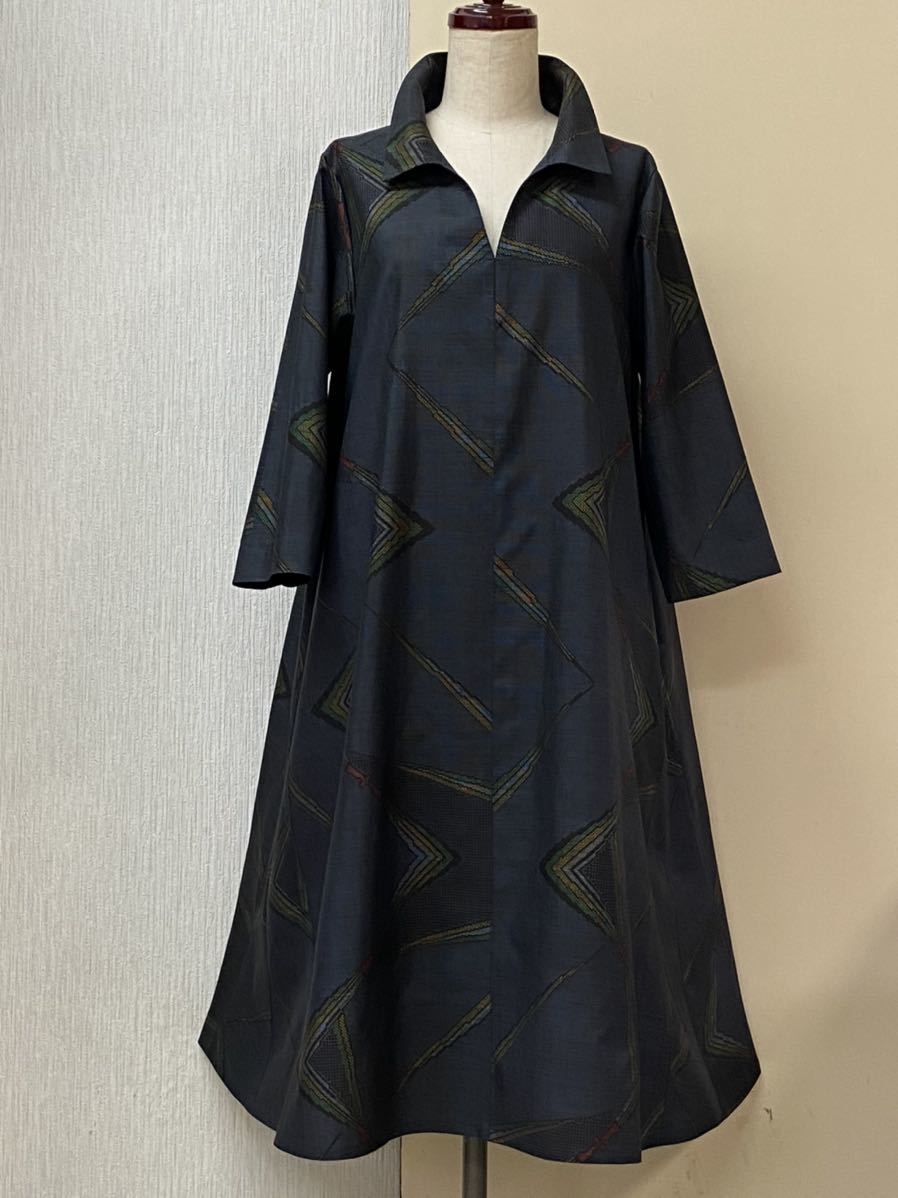 着物リメイク☆正絹☆紬（一元絣）☆七分袖ロングワンピース 着物 ≪