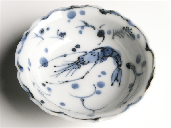 須田菁華 作 染付 海老文 小皿 五客 N585 須田菁華 造 九谷 染付 のぞき 海老文 輪花皿 銘々皿 小皿 皿揃い