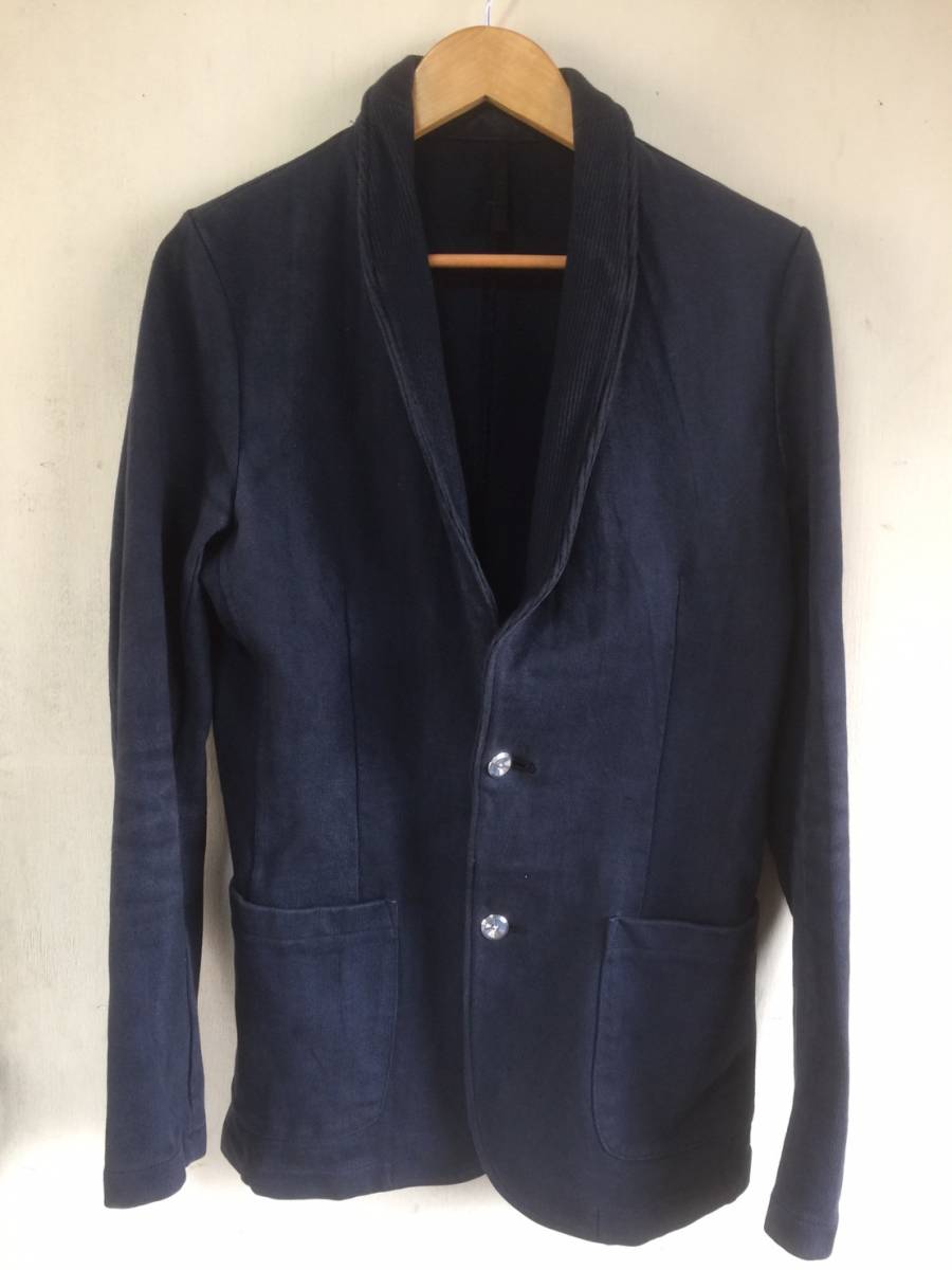 美品☆[junhashimoto] 定価￥50，000 ジュラルミンボタン ショールカラー ヘビージャージ インディゴスエット テーラードジャケット 3