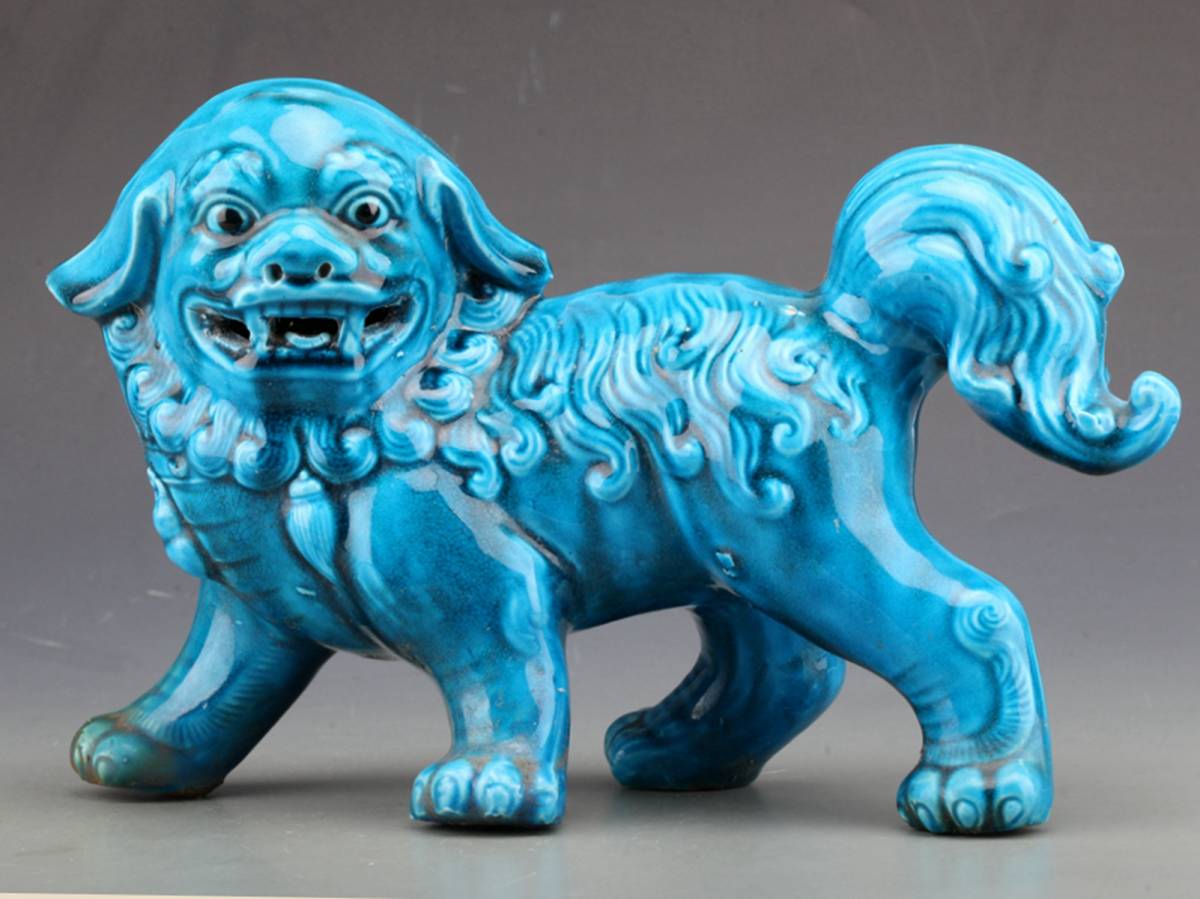 時代 唐物 古い藍釉 獅子獸 置物 ！直径27 cm、高さ19cm - 置物
