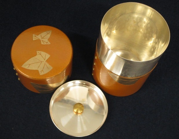 メ煎茶道具　鎚起銅器　玉川堂造　茶壷　茶心壷　共箱　M　R4774 茶筒 葉文 鎚起銅器 玉川堂 鋲打 茶入 銅製 鎚起 栞 壱