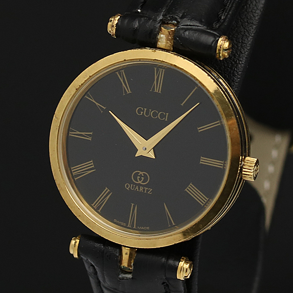 1円☆稼働品【GUCCI/グッチ】GGロゴ ゴールド×ブラックローマン レザー