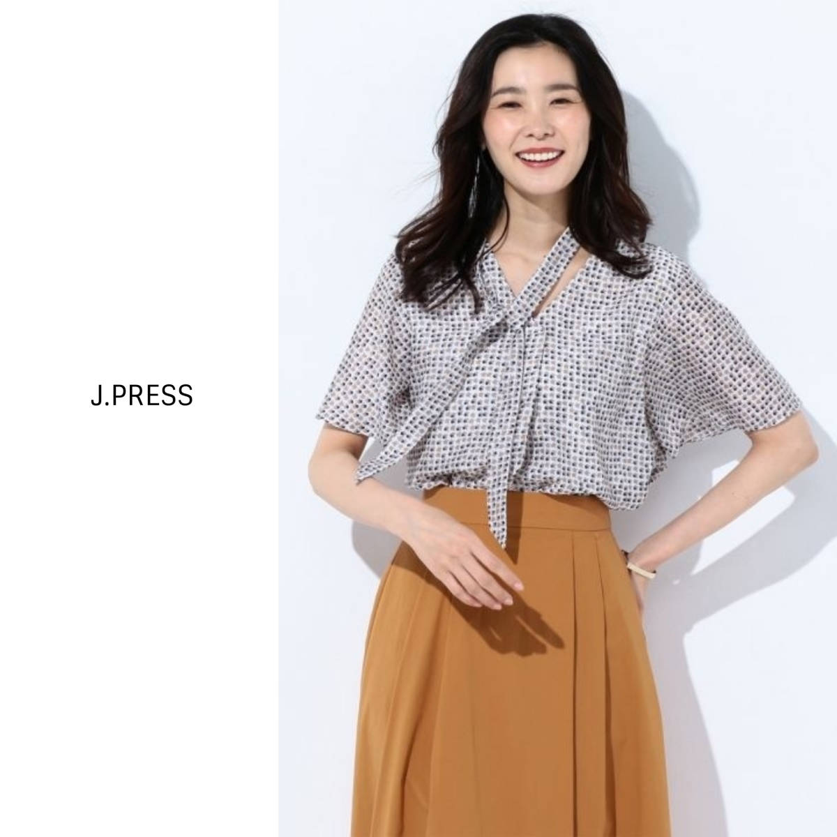 新品☆ジェイプレス J.PRESS☆洗える ボウタイ付 エレガンスプリントジャージー 千鳥柄カットソー Mサイズ☆S-M 4293