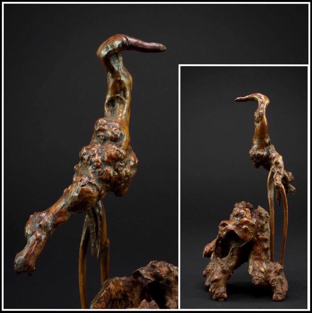 立光閣】古美術.唐木紫檀黄花梨□天然木葡萄杢隨形木.鳥置物.高さ約