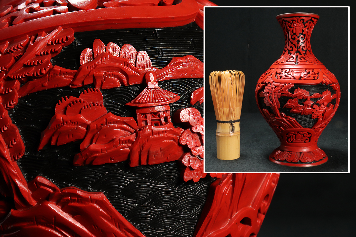 URA]中国美術/堆朱堆黒細工風景彫花瓶/3-9-10(検)骨董/華道具/花器 