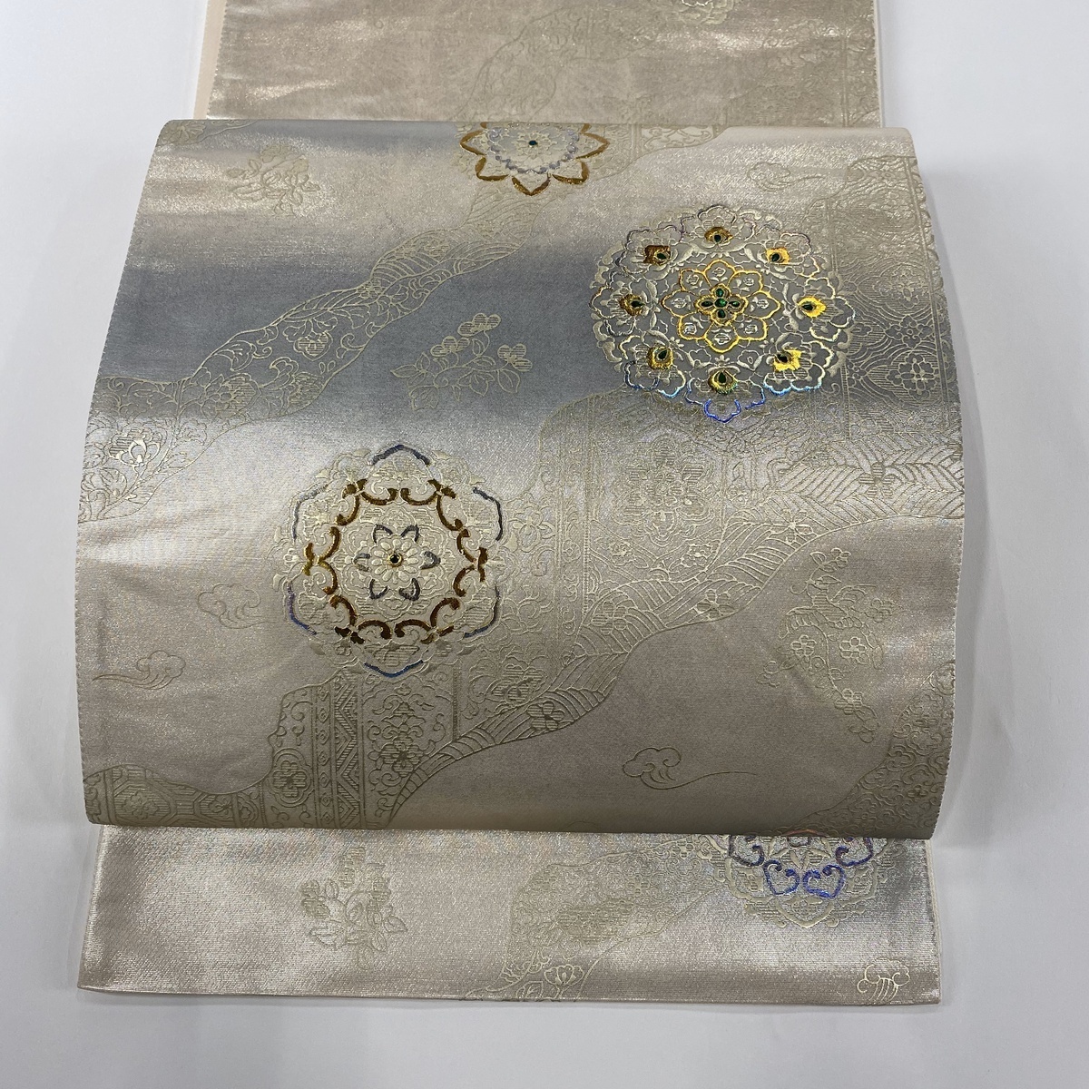 袋帯 六通 美品 秀品 箔 金銀糸 正絹 華文 中古 道長取 灰