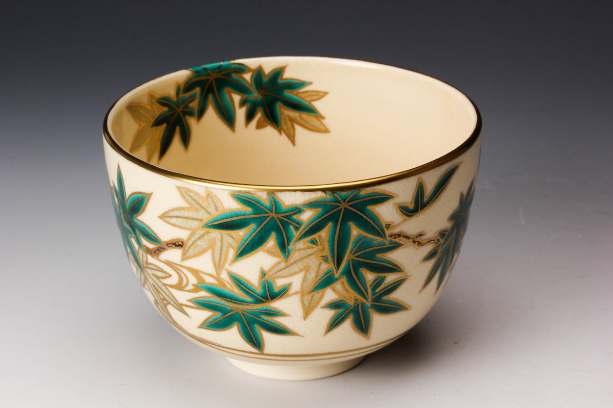 杉田祥平 清閑寺窯 色絵金流水に青楓画茶碗 共箱 共布 栞 茶道具 本物保証