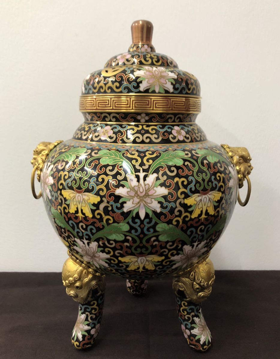 中国美術 時代 有線七宝三足香炉 香炉 S764. 三足器 花唐草文