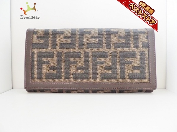 フェンディ FENDI 長財布 ズッカ柄 ジャガード×レザー ベージュ×ダークブラウン 美品 財布