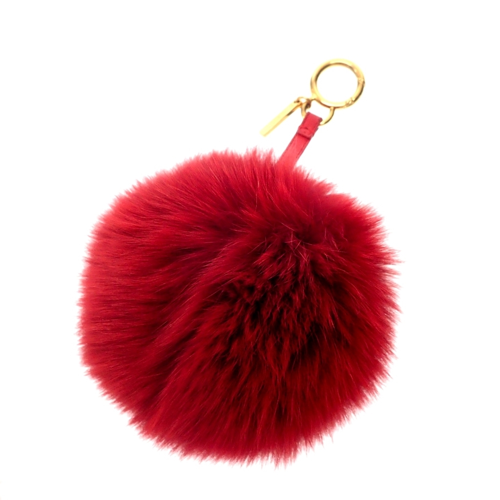 美品◆FENDI フェンディ フォックスファー レザー ポンポン バッグチャーム キーホルダー 赤 レディース