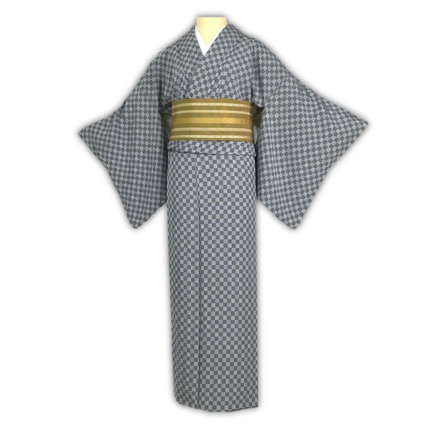 小紋 袷 縮緬 正絹 市松模様 正絹縮緬 着物 古典 ちどりや美品 (生成り×