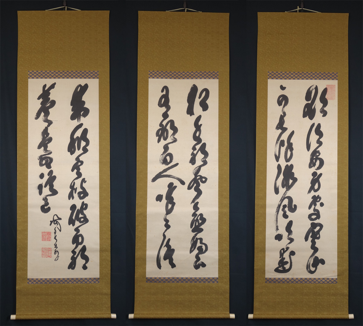 真作 蔵壷 山岡鉄舟 漢詩文二行書 三幅対 古筆 古文書 能書家 剣術家