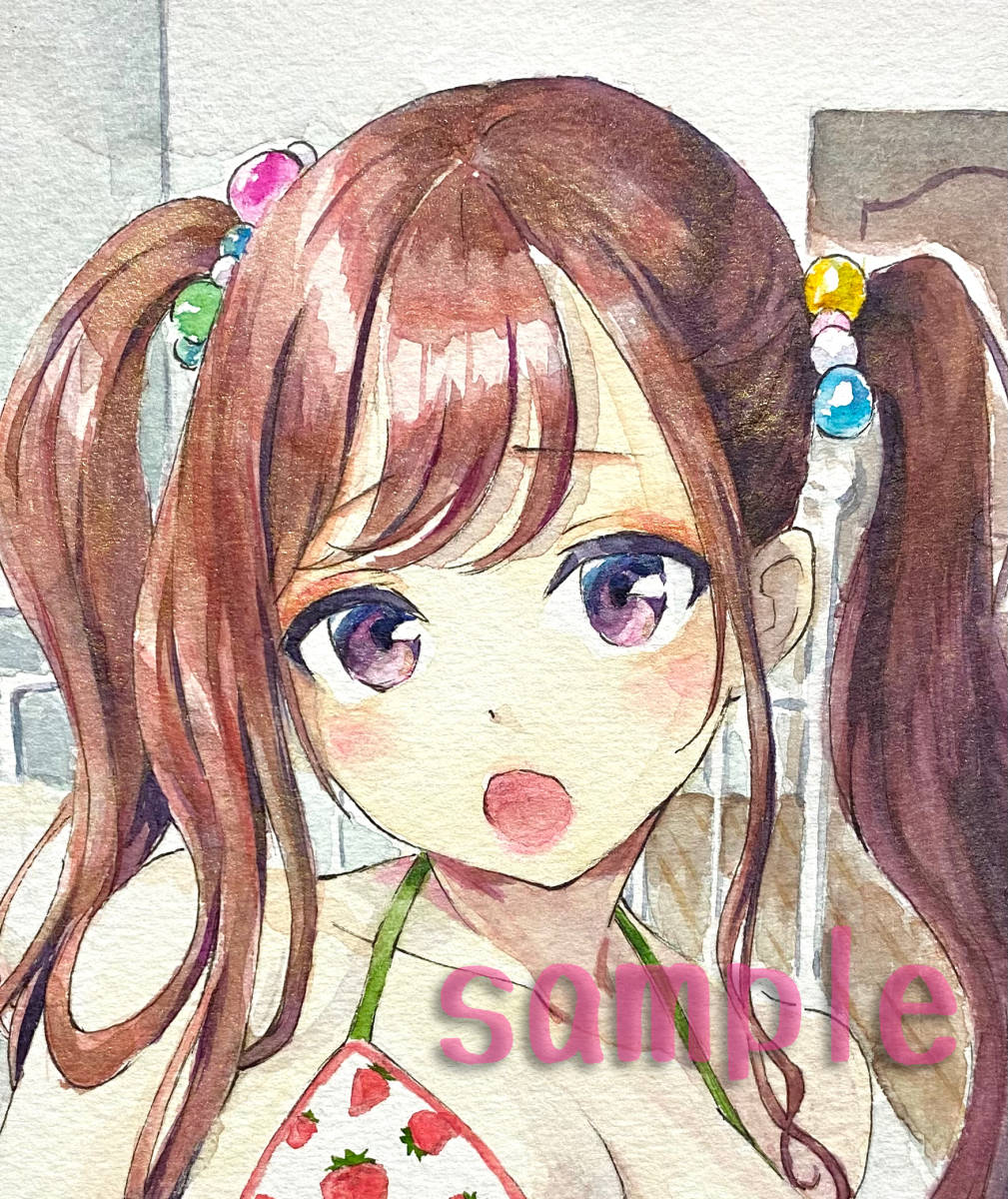 手描きイラスト いちご柄水着の女の子 オリジナル アナログ 水彩 手描きイラスト 売買されたオークション情報 Yahooの商品情報をアーカイブ公開 オークファン Aucfan Com