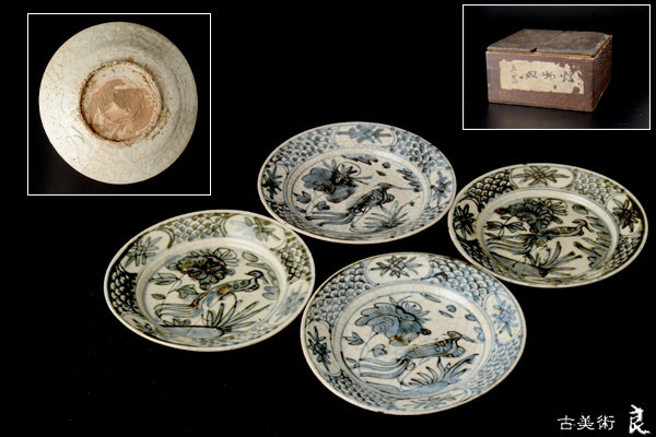 y456▽良▽明時代古染付花鳥文皿四客 検 茶道具煎茶道具中国古玩台湾
