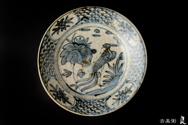 y456▽良▽明時代古染付花鳥文皿四客 検 茶道具煎茶道具中国古玩台湾