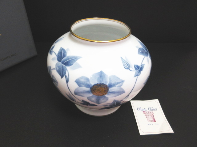 XS906△大倉陶園 フラワーベース 花瓶 ブルー 箱付 / 高さ22.5cm