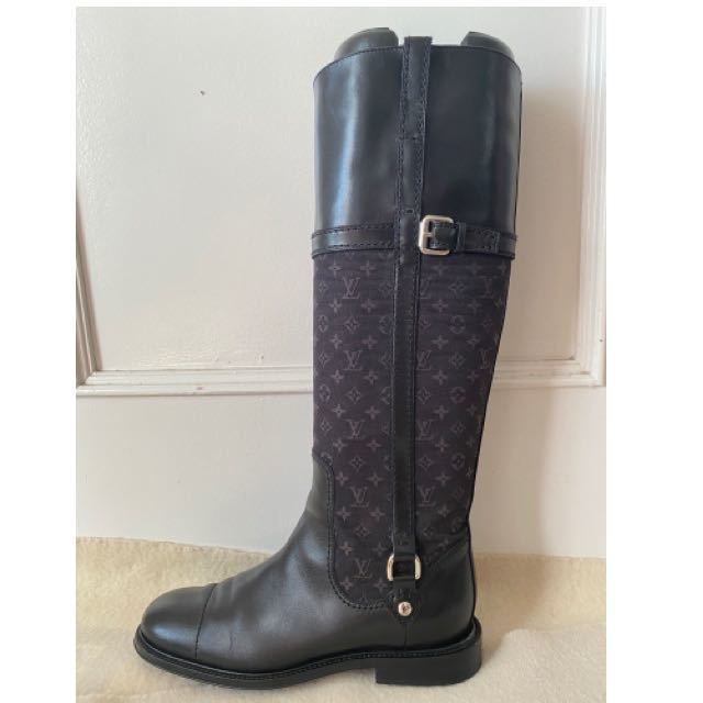 【爆買い，新作】 ルイヴィトン LOUIS VUITTON ロングブーツ ジョッキー モノグラム ミニ レザー キャンバス 良品 ブラック 36 1/2 23.5cm(女性用)｜売買されたオークション情報、yahooの商品情報をアーカイブ公開 - オ 靴