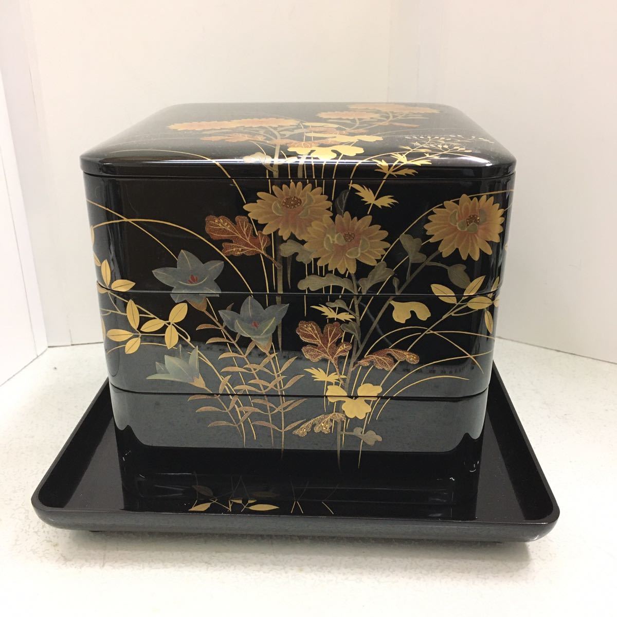 会津漆器 蒔絵師 久良人作 天然木 うるし塗装 木製 重箱 三段 未使用