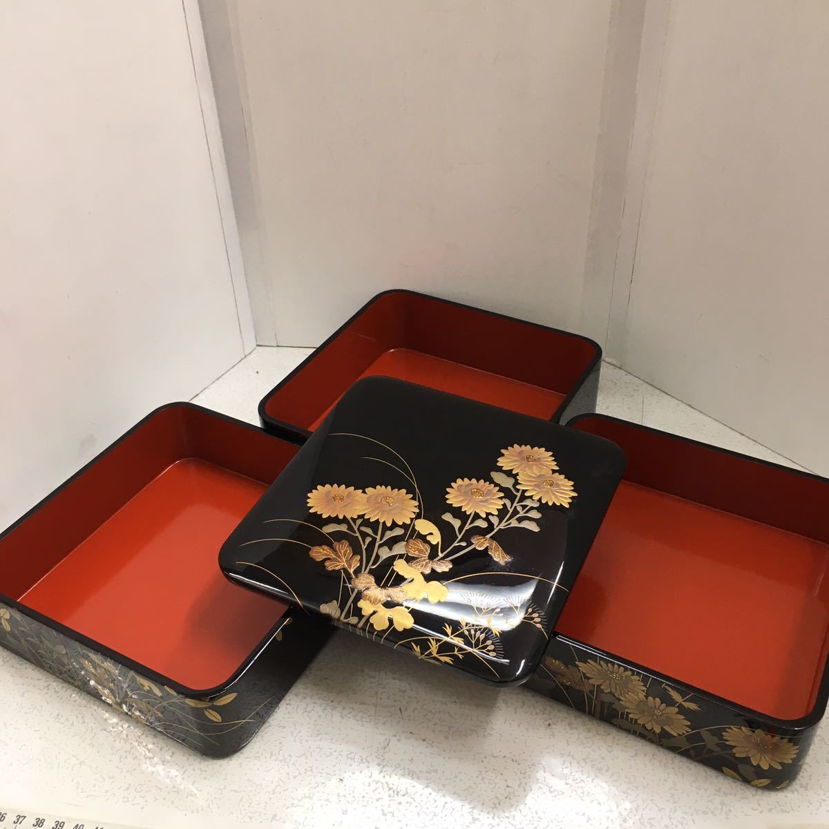 会津漆器 蒔絵師 久良人作 天然木 うるし塗装 木製 重箱 三段 未使用