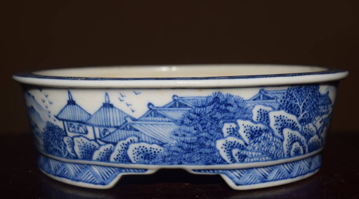 激安大特価，最新作 絵鉢作家＜伊藤月香 染付山水図 繊細画 実用サイズ 最高絵＞外縁楕円鉢 間口１４，３ｃｍ(鉢)｜売買されたオークション情報、yahooの商品情報をアーカイブ公開 - オークファン 鉢