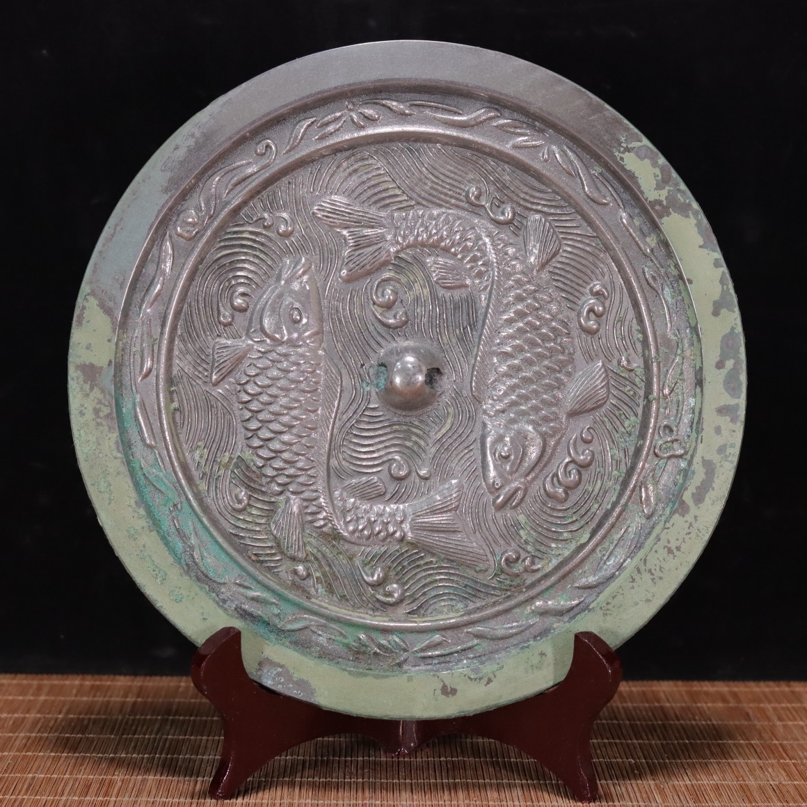 【骨董*珍藏】友人旧時珍蔵 青銅製 青銅鏡 雙魚鏡 銅鏡 置物 賞物 收藏珍品
