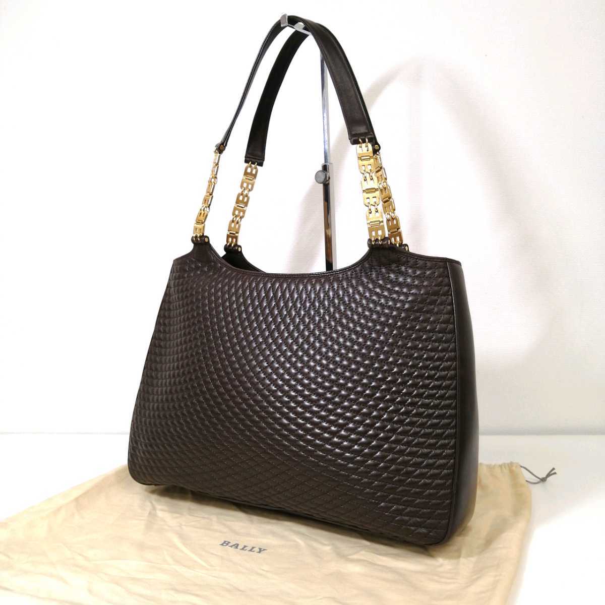 E ★ 良品 / '気品溢れる' 高級婦人鞄 BALLY バリー Bロゴ チェーン ショルダー ゴールド金具 キルティング レザー トートバッグ 正規品