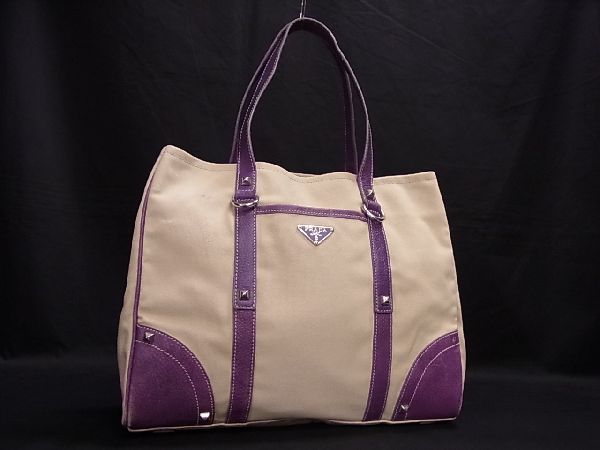 1円 PRADA プラダ ロゴ キャンバス×レザー シルバー金具 トートバッグ 