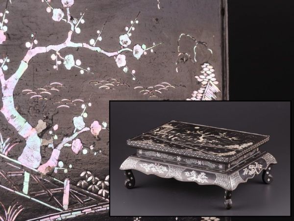 中国古玩 唐物 木製漆塗 螺鈿細工 花台 平卓 時代物 極上品 初だし品 a7743