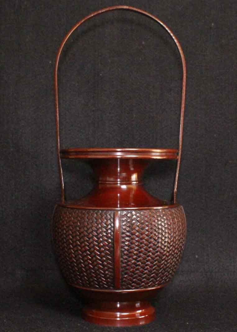 SS】茶道具 釜師 吉羽與兵衛造 花器 唐金 四方耳付花入 刻銘 共箱 共布