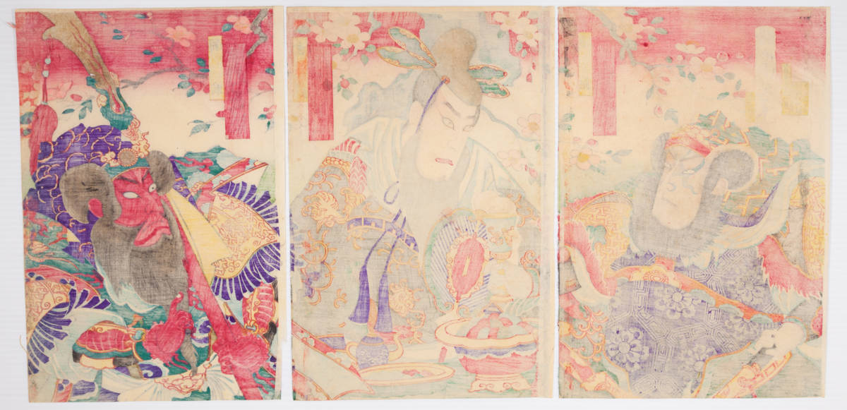 [N_Lux] 三国志「桃色紅葉彩」周延画 CHIKANOBU 浮世絵/版画/役者絵/明治期/関羽/劉備玄徳/張飛/three kingdoms/Sangokushi/warriors/