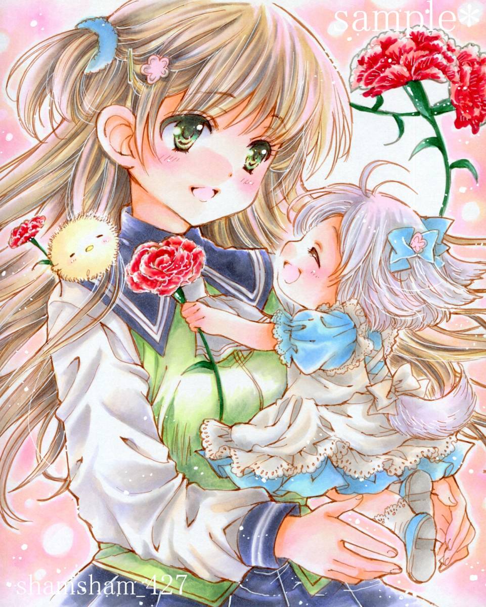 手描きイラスト オリジナル 創作 原画 花 ピンク 女の子 春 イースター 手描きイラスト オリジナル 創作 原画 花 ピンク 女の子 春 イースター