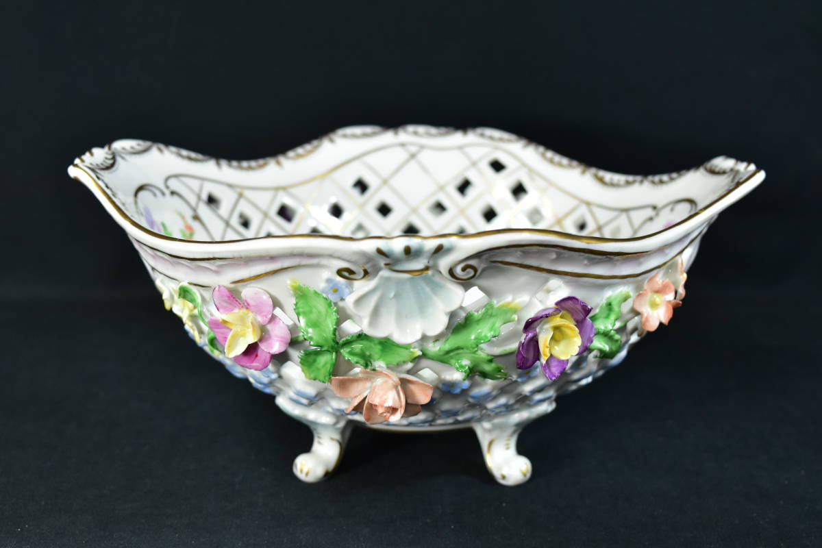 Dresden ドレスデン バスケット コンポート フラワー 陶花 金彩 