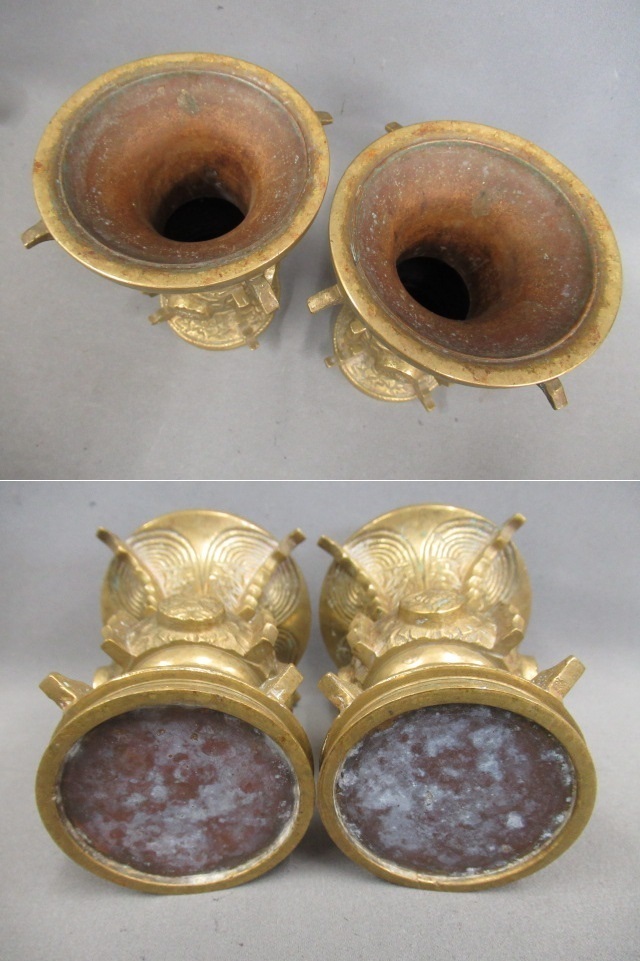 時代物 仏具 仏教美術 銅製 品質保証，送料無料】 【古い黄銅製 五具足・揃】時代物仏教美術 仏具