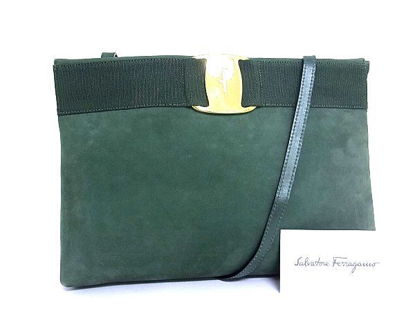 Salvatore Ferragamo フェラガモ 1円 -「フェラガモ スタジオ 1円 ■美品■ Salvatore Ferragamo フェラガモ ロゴ D210588 ヴァラリボン ヌバック×レザー ショルダーバッグ 肩掛け グリーン系 M0855bk