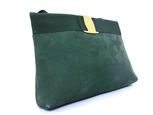 Salvatore Ferragamo フェラガモ 1円 -「フェラガモ スタジオ 1円 ■美品■ Salvatore Ferragamo フェラガモ ロゴ D210588 ヴァラリボン ヌバック×レザー ショルダーバッグ 肩掛け グリーン系 M0855bk