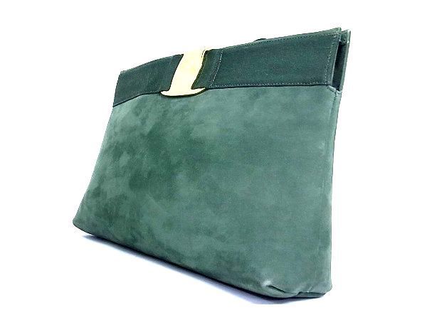 Salvatore Ferragamo フェラガモ 1円 -「フェラガモ スタジオ 1円 ■美品■ Salvatore Ferragamo フェラガモ ロゴ D210588 ヴァラリボン ヌバック×レザー ショルダーバッグ 肩掛け グリーン系 M0855bk