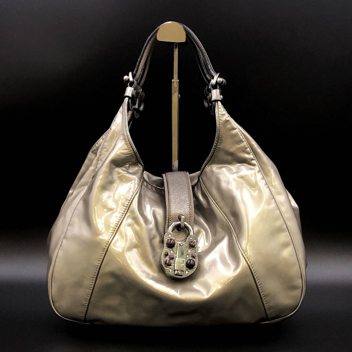 希少.LOEWE.ロエベ.パテントレザー.ハンド.トート.バッグ.ベージュ 